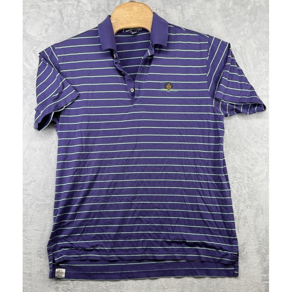 Peter Millar Polo Shirt Purple Green Striped Mid Pines Inn & Golf Cotton Men's L